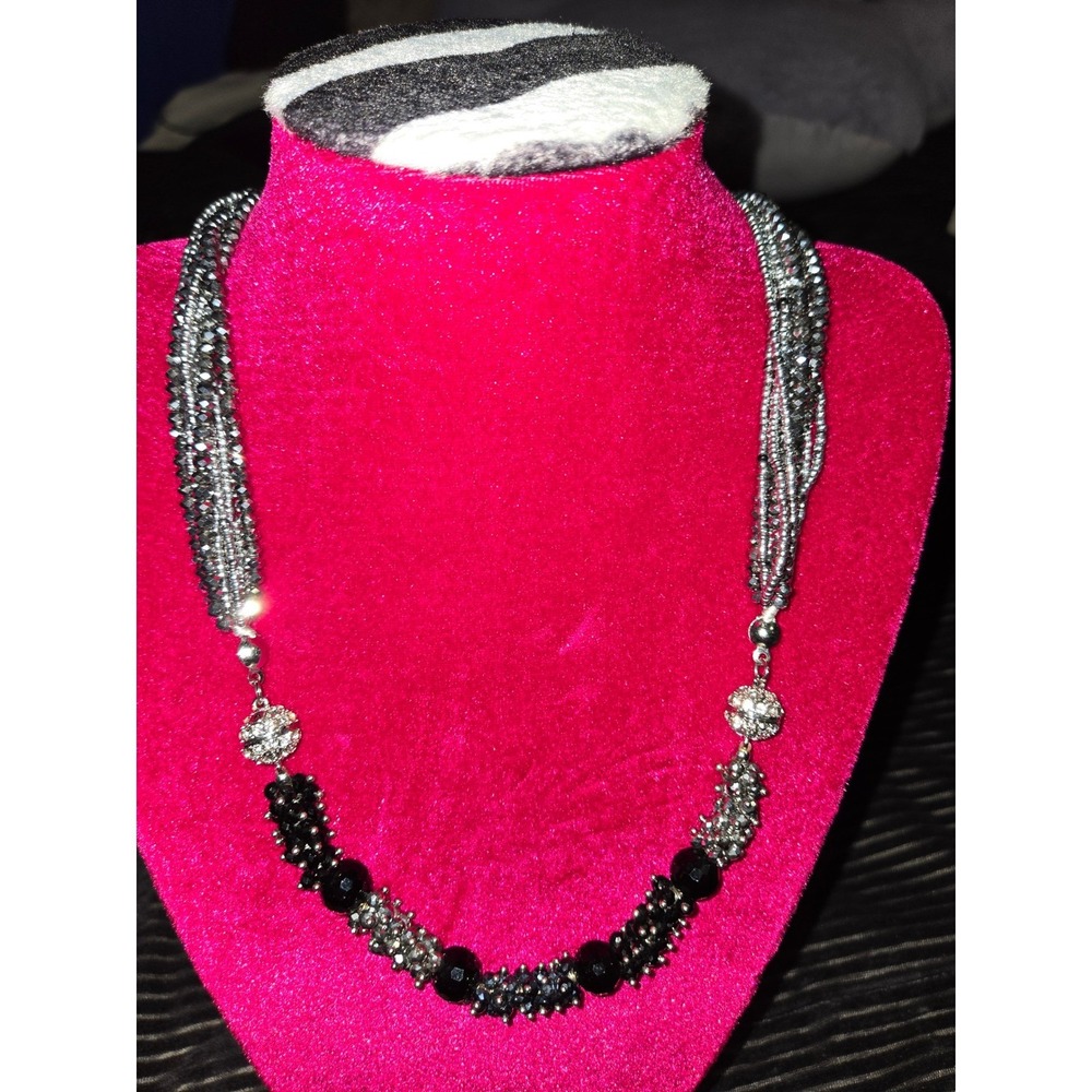 Sparkling Black Silver Beaded Statement Necklace Layered Multi Strand